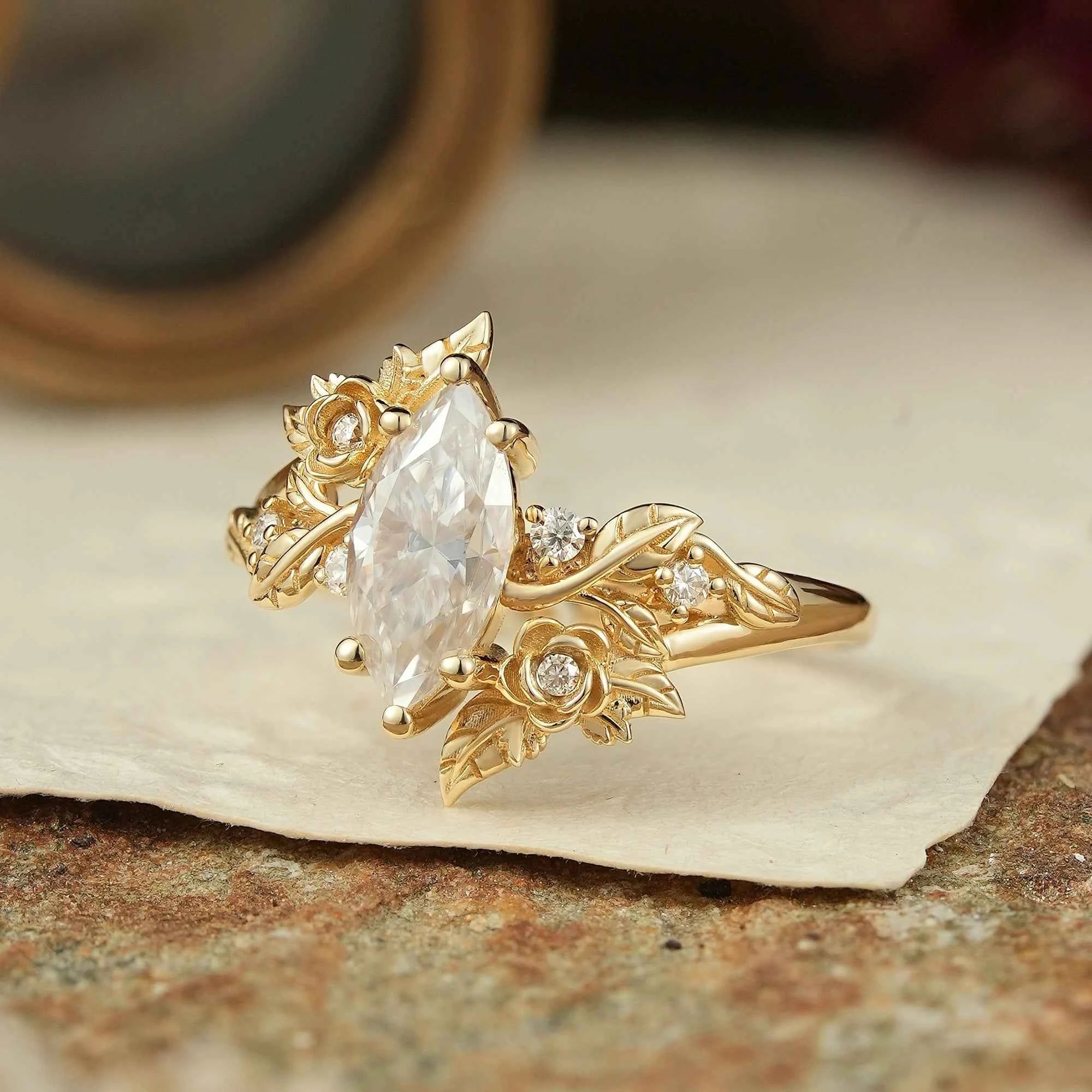 Marquise Cut Moissanite Flower Inspired Engagement Ring - Rose Blossom - GemsMagic