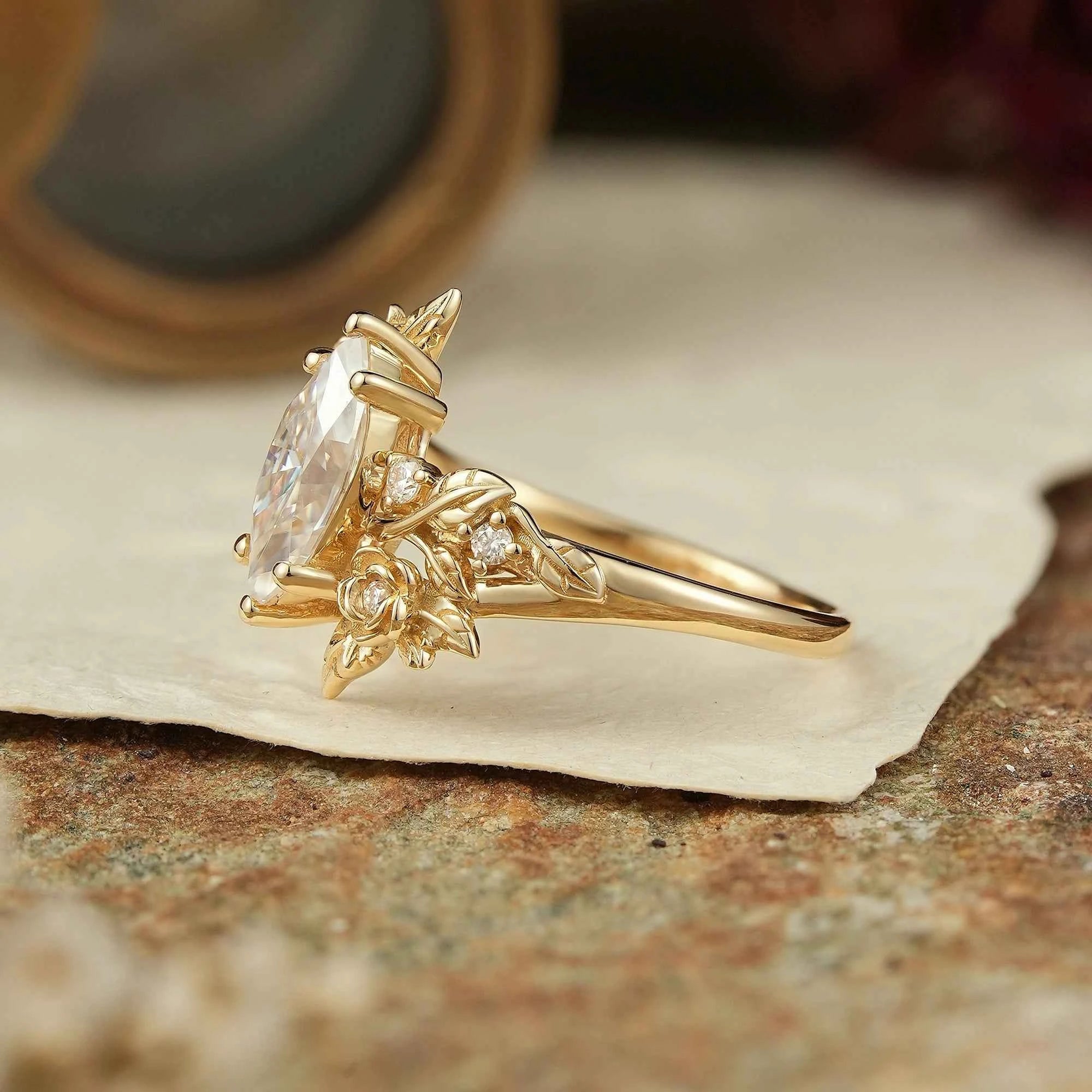 Marquise Cut Moissanite Flower Inspired Engagement Ring - Rose Blossom - GemsMagic