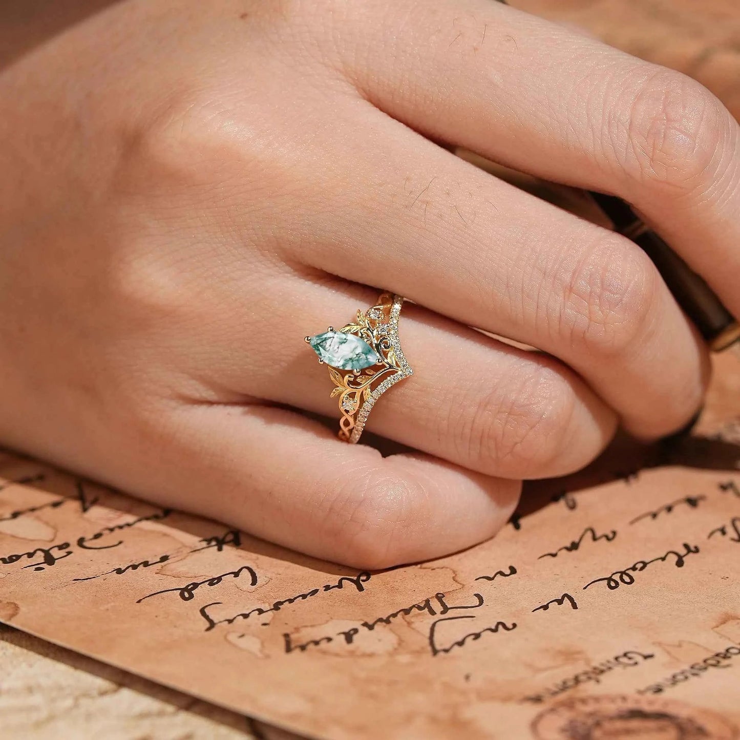 Marquise Cut Moss Agate Leaf And Vine Inspired Elven Engagement Ring - GemsMagic