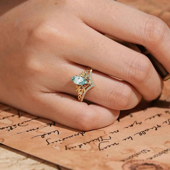 Marquise Cut Moss Agate Leaf And Vine Inspired Elven Engagement Ring - GemsMagic