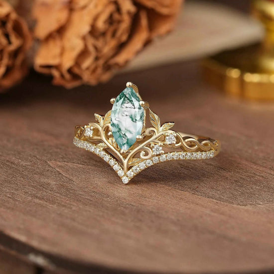 Marquise Cut Moss Agate Leaf And Vine Inspired Elven Engagement Ring - GemsMagic