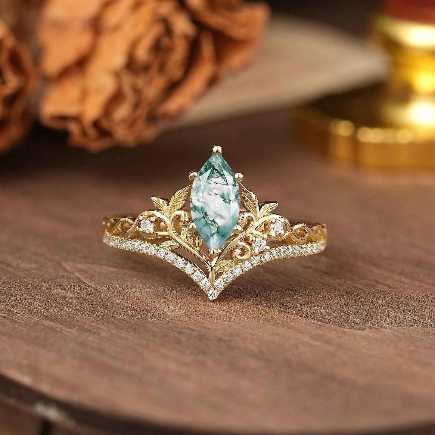 Marquise Cut Moss Agate Leaf And Vine Inspired Elven Engagement Ring - GemsMagic