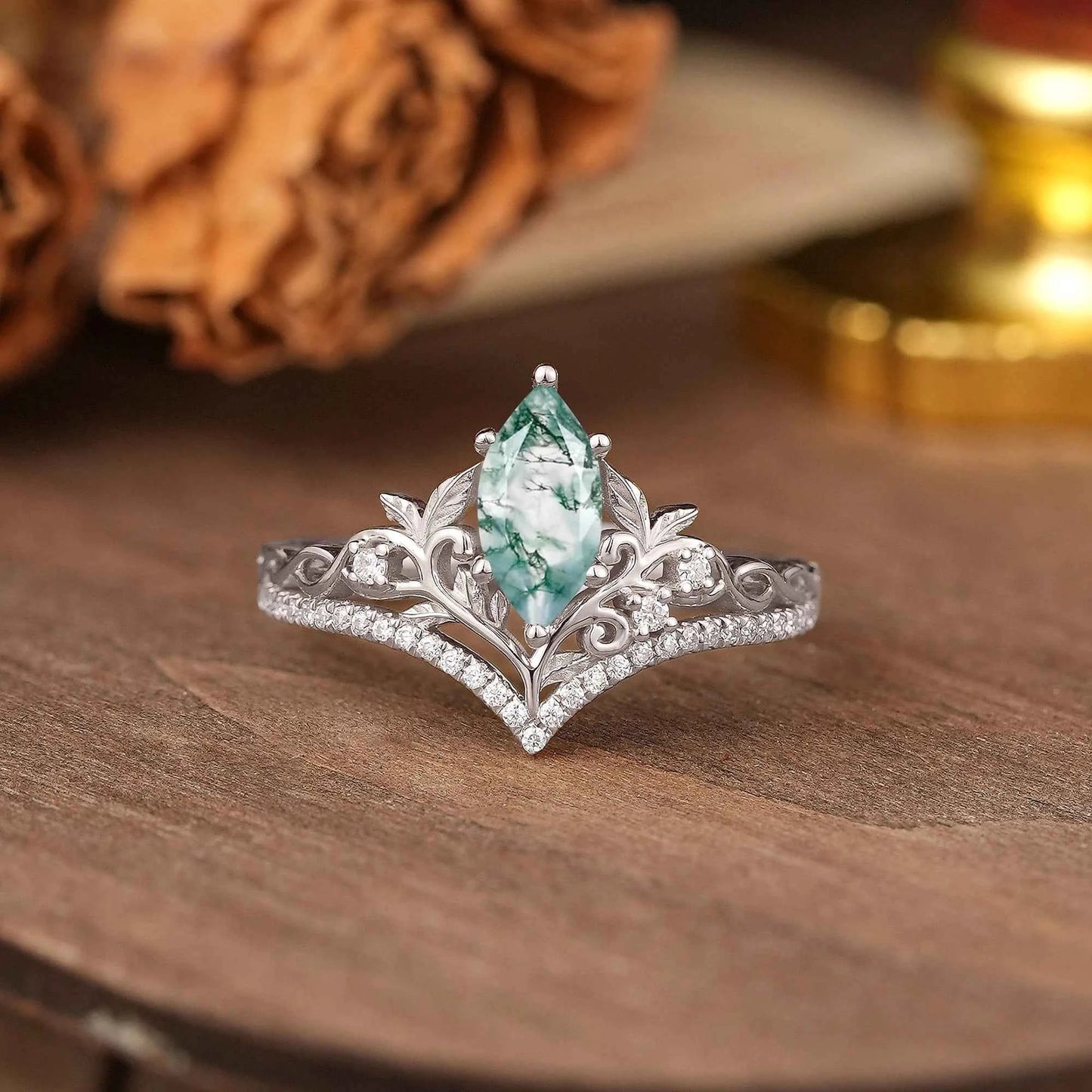 Marquise Cut Moss Agate Leaf And Vine Inspired Elven Engagement Ring - GemsMagic