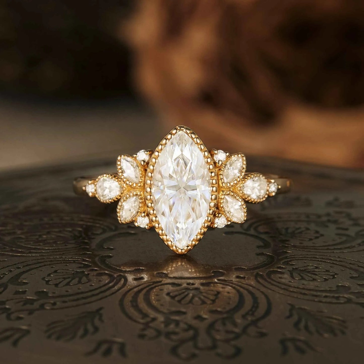 Marquise Moissanite Vintage Halo Engagement Ring - GemsMagic - GemsMagic