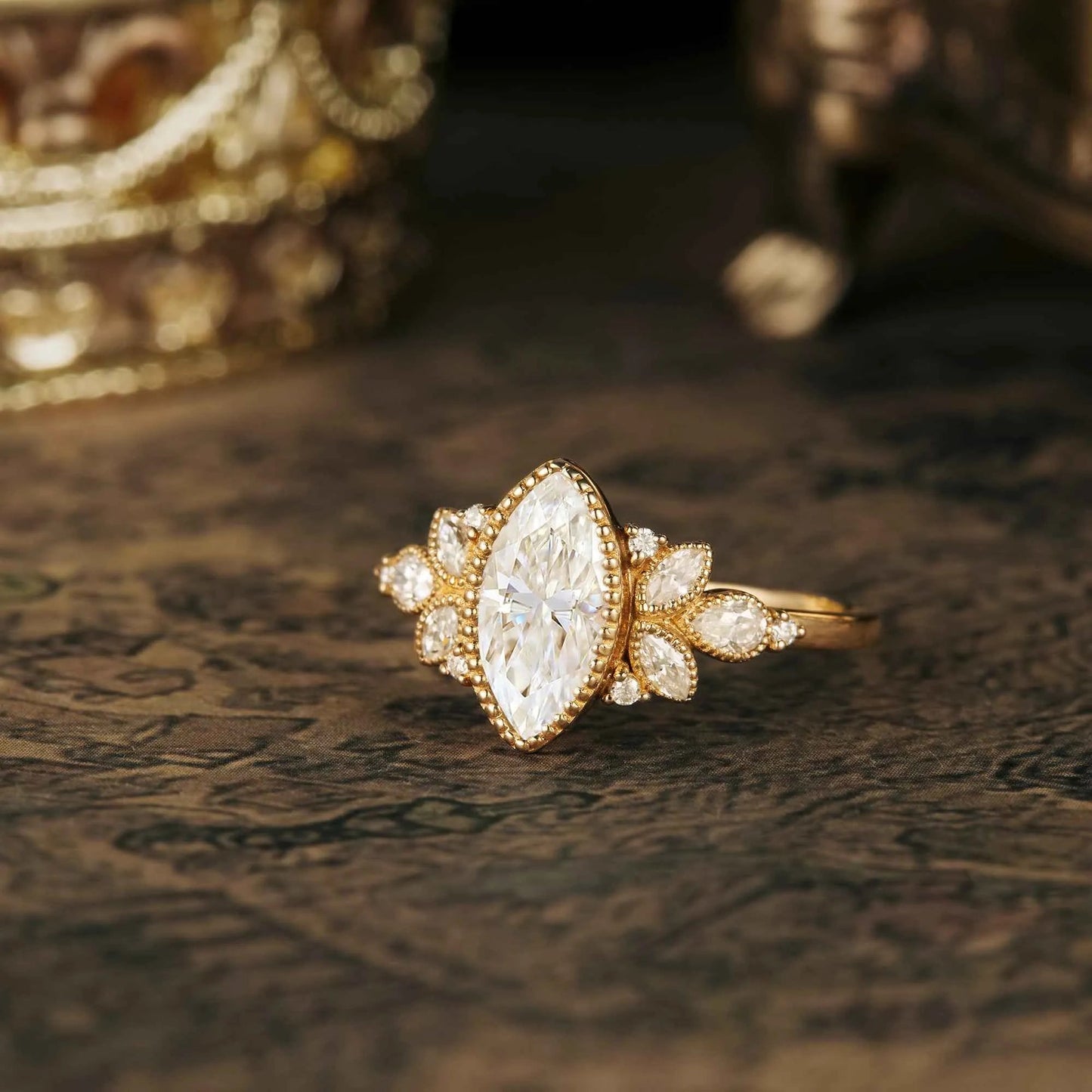 Marquise Moissanite Vintage Halo Engagement Ring - GemsMagic - GemsMagic