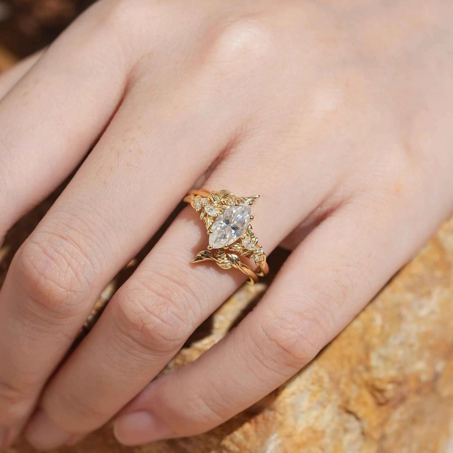 Marquise Moissanite with Leaf Enhancer Ring 2pcs - Margaret - GemsMagic