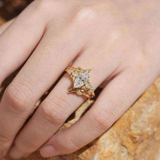 Marquise Moissanite with Leaf Enhancer Ring 2pcs - Margaret - GemsMagic