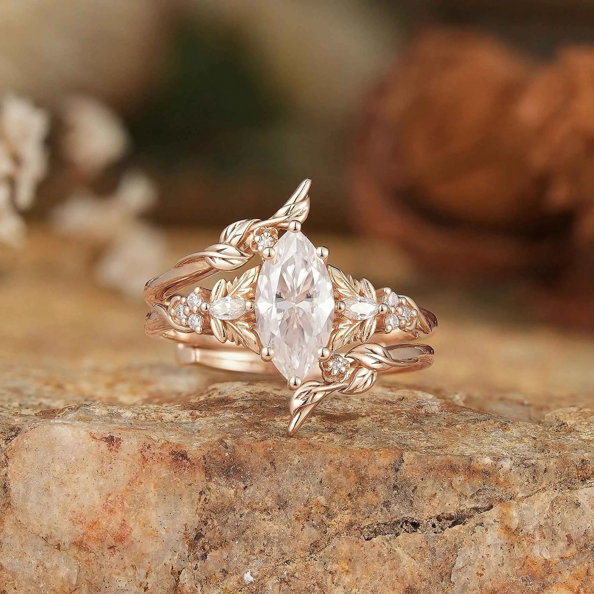 Marquise Moissanite with Leaf Enhancer Ring 2pcs - Margaret - GemsMagic