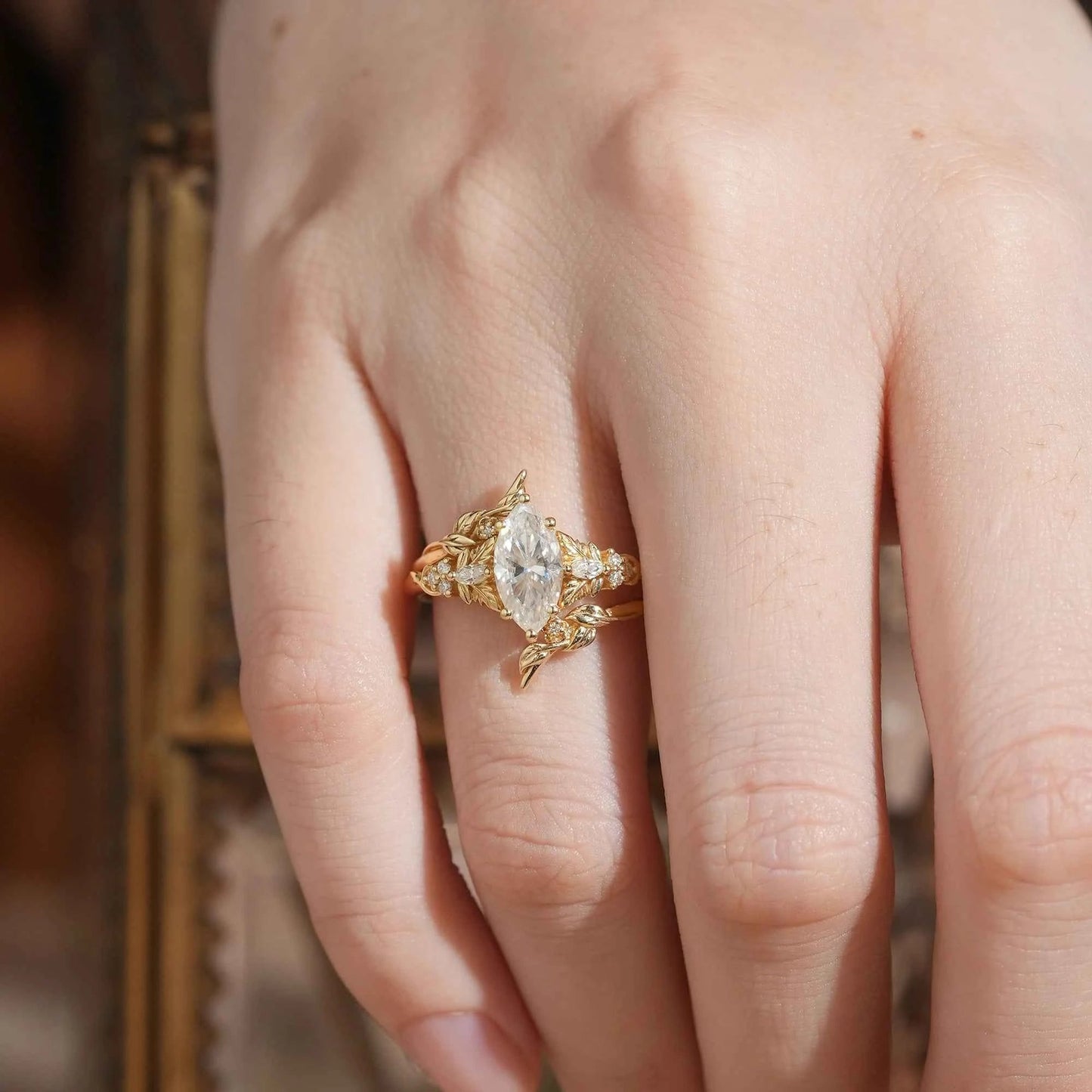 Marquise Moissanite with Leaf Enhancer Ring 2pcs - Margaret - GemsMagic