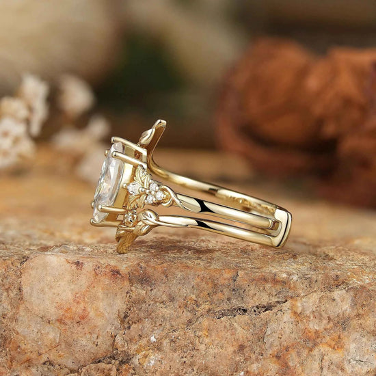 Marquise Moissanite with Leaf Enhancer Ring 2pcs - Margaret - GemsMagic