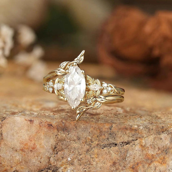 Marquise Moissanite with Leaf Enhancer Ring 2pcs - Margaret - GemsMagic