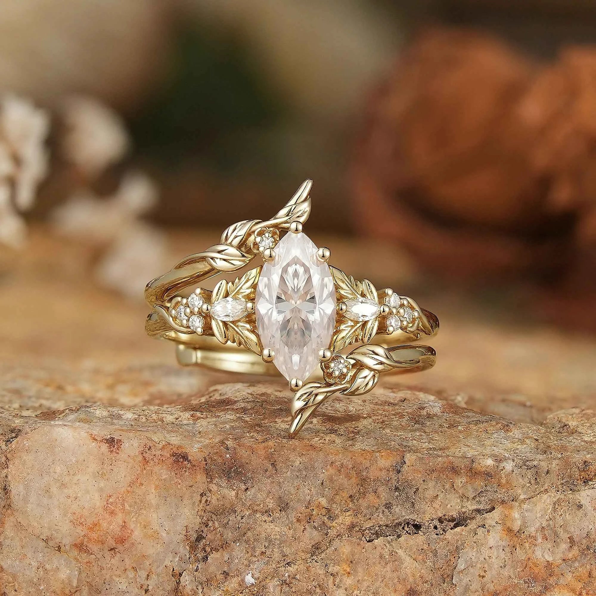 Marquise Moissanite with Leaf Enhancer Ring 2pcs - Margaret - GemsMagic