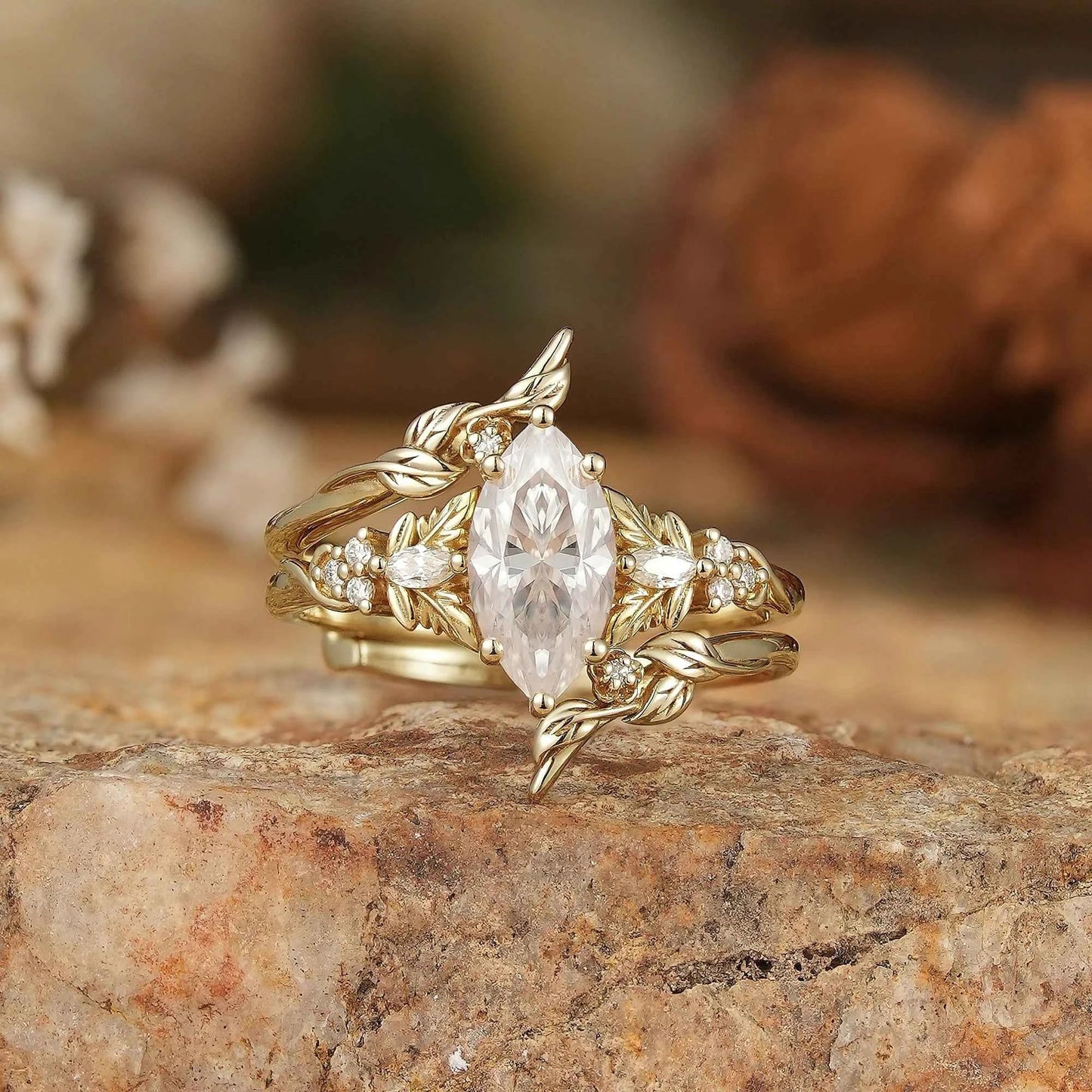 Marquise Moissanite with Leaf Enhancer Ring 2pcs - Margaret - GemsMagic