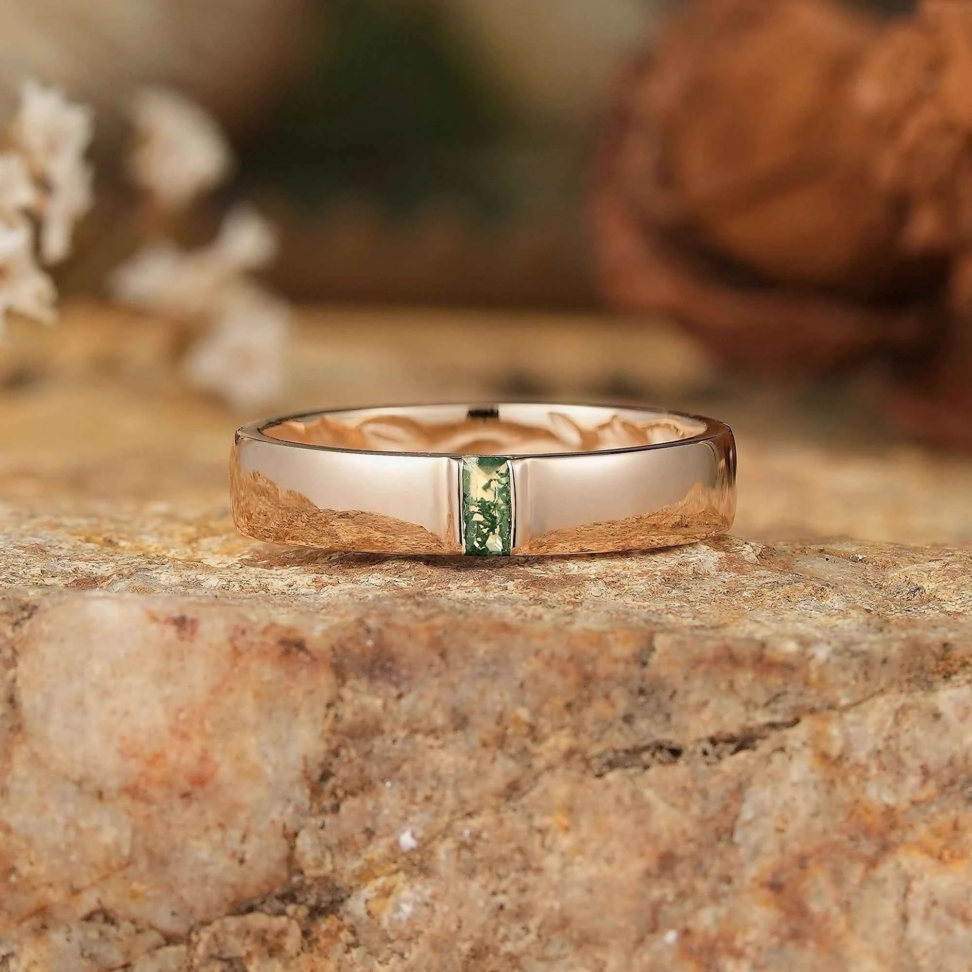 Men's Moss Agate Band with Intricate Floral and Leaf Inner Engraving - Matthew - GemsMagic
