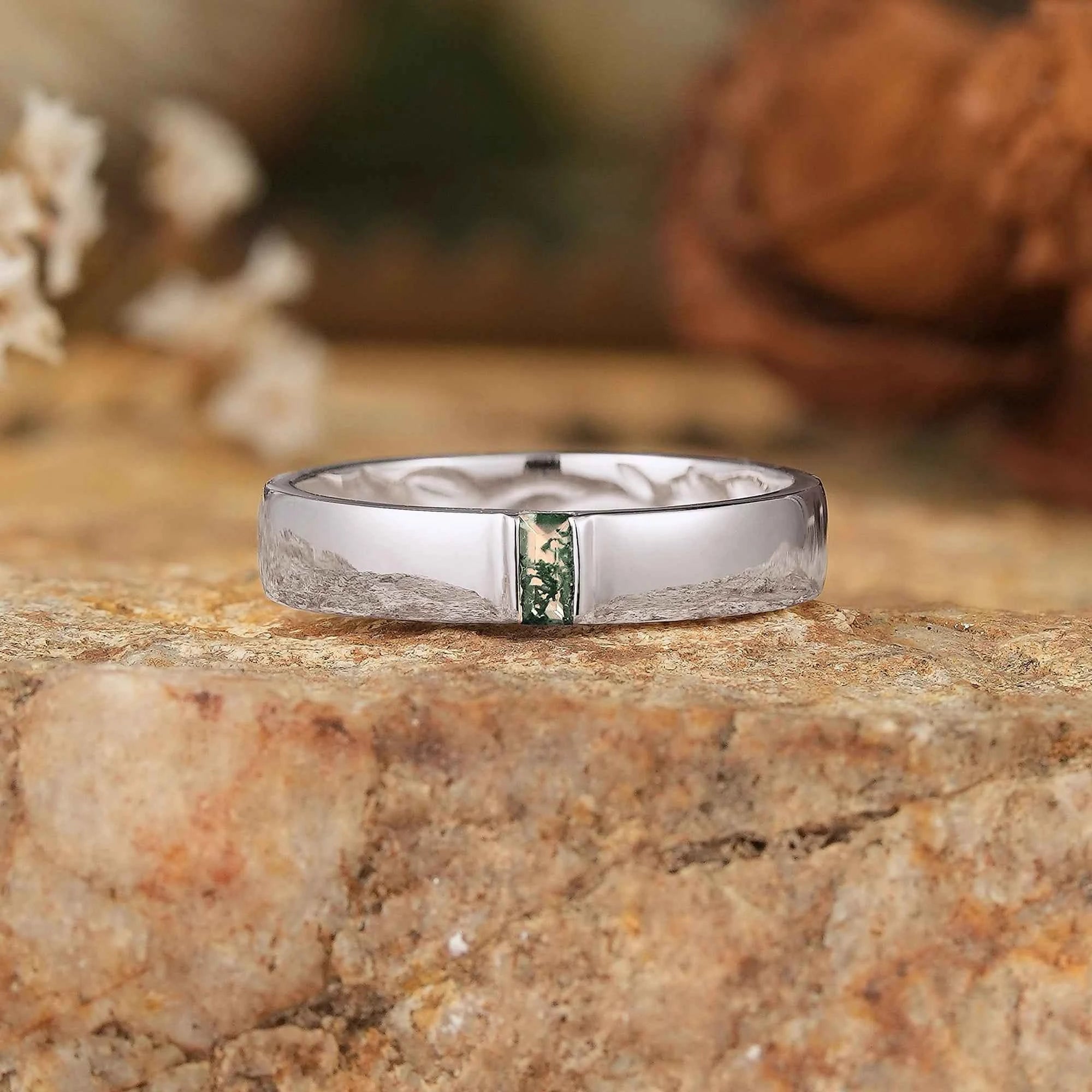 Men's Moss Agate Band with Intricate Floral and Leaf Inner Engraving - Matthew - GemsMagic