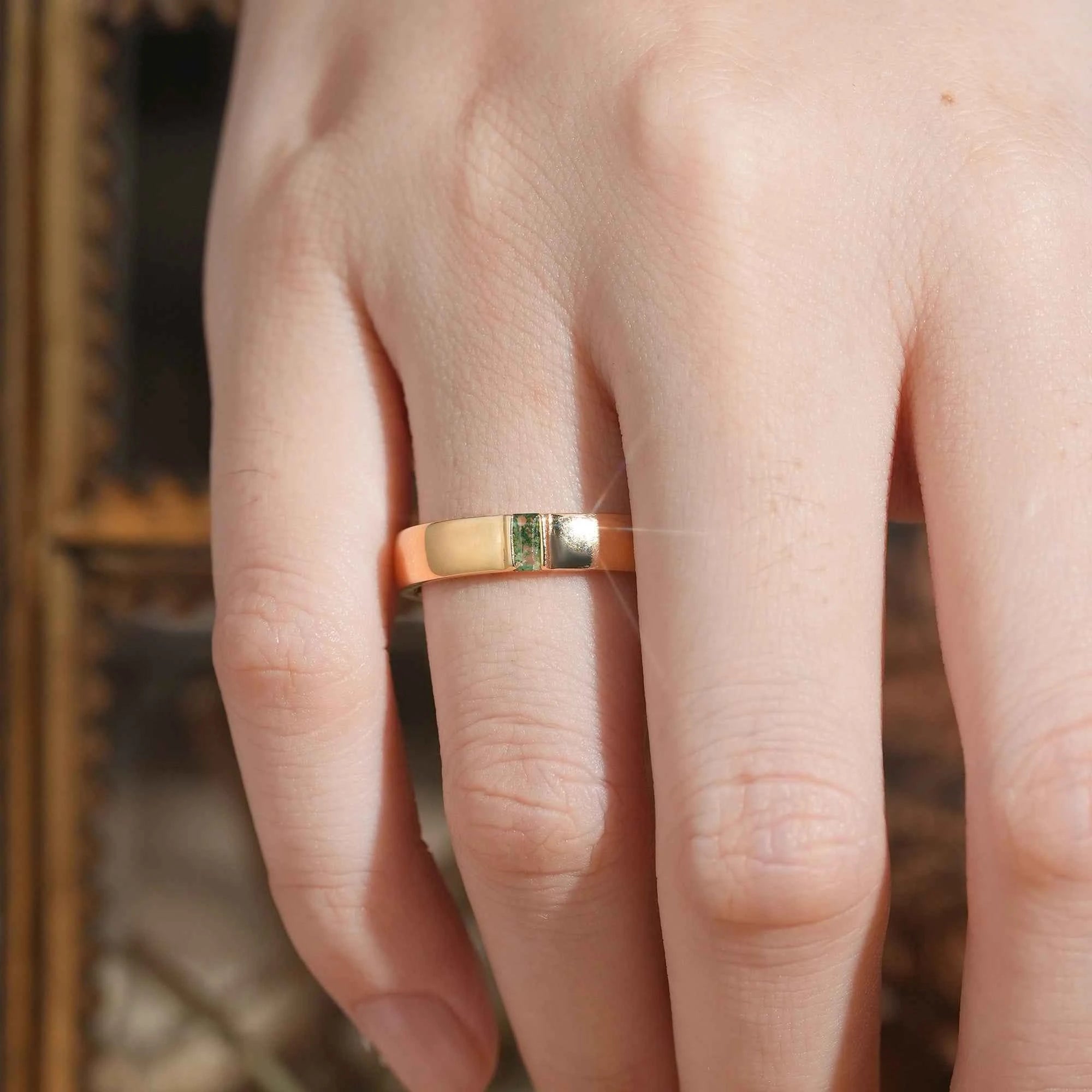 Men's Moss Agate Band with Intricate Floral and Leaf Inner Engraving - Matthew - GemsMagic