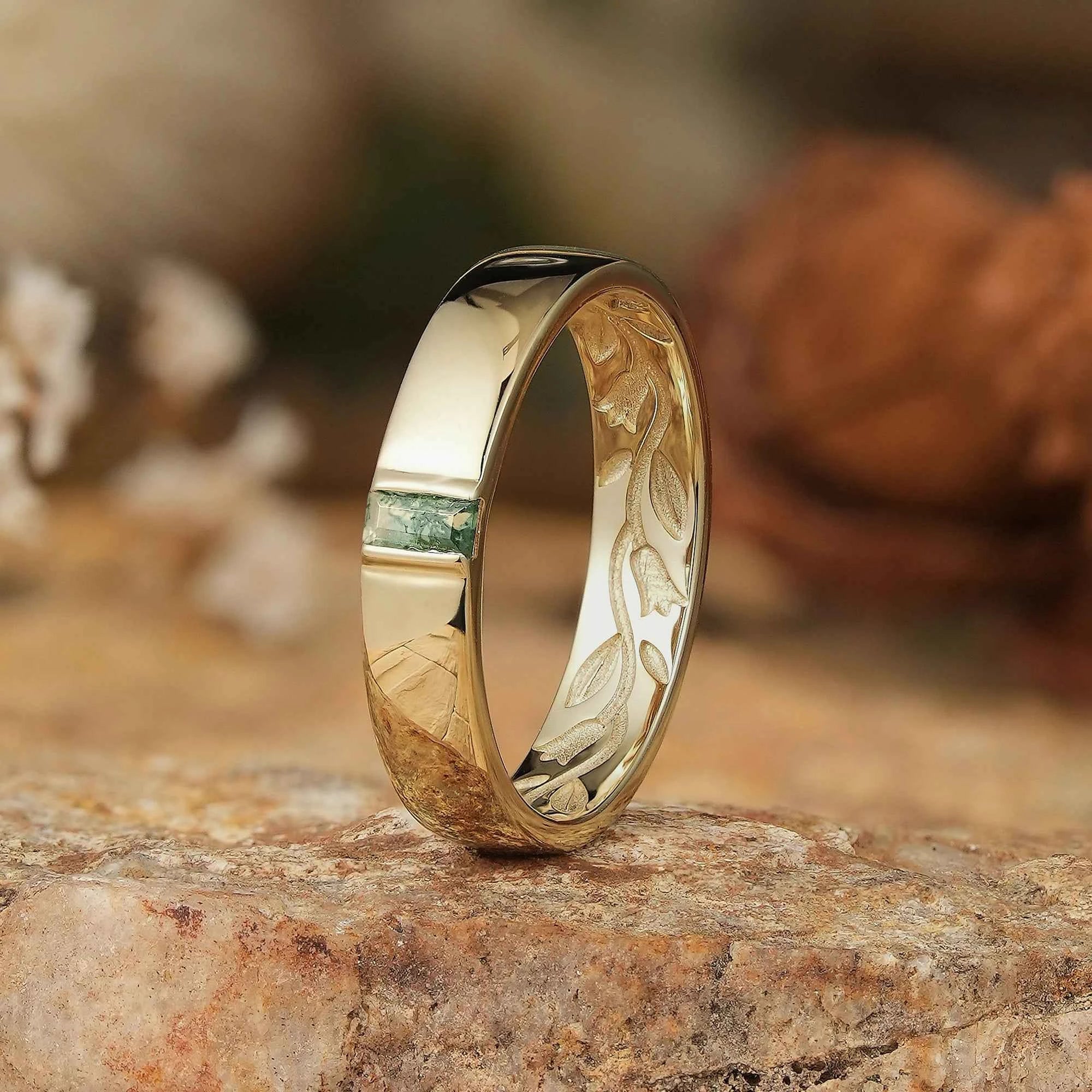 Men's Moss Agate Band with Intricate Floral and Leaf Inner Engraving - Matthew - GemsMagic
