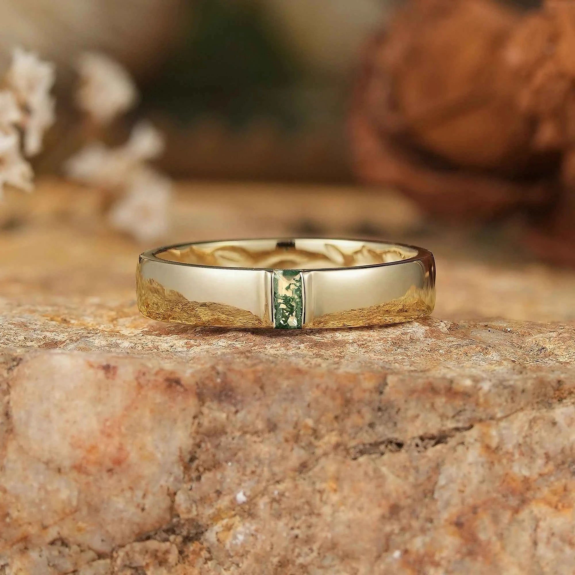 Men's Moss Agate Band with Intricate Floral and Leaf Inner Engraving - Matthew - GemsMagic