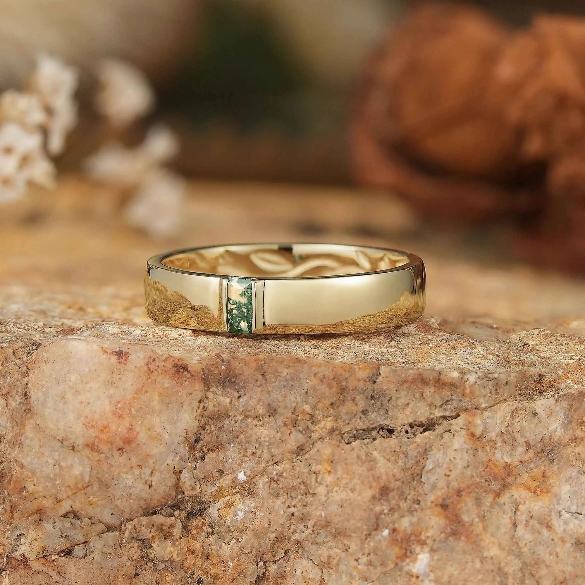Men's Moss Agate Band with Intricate Floral and Leaf Inner Engraving - Matthew - GemsMagic