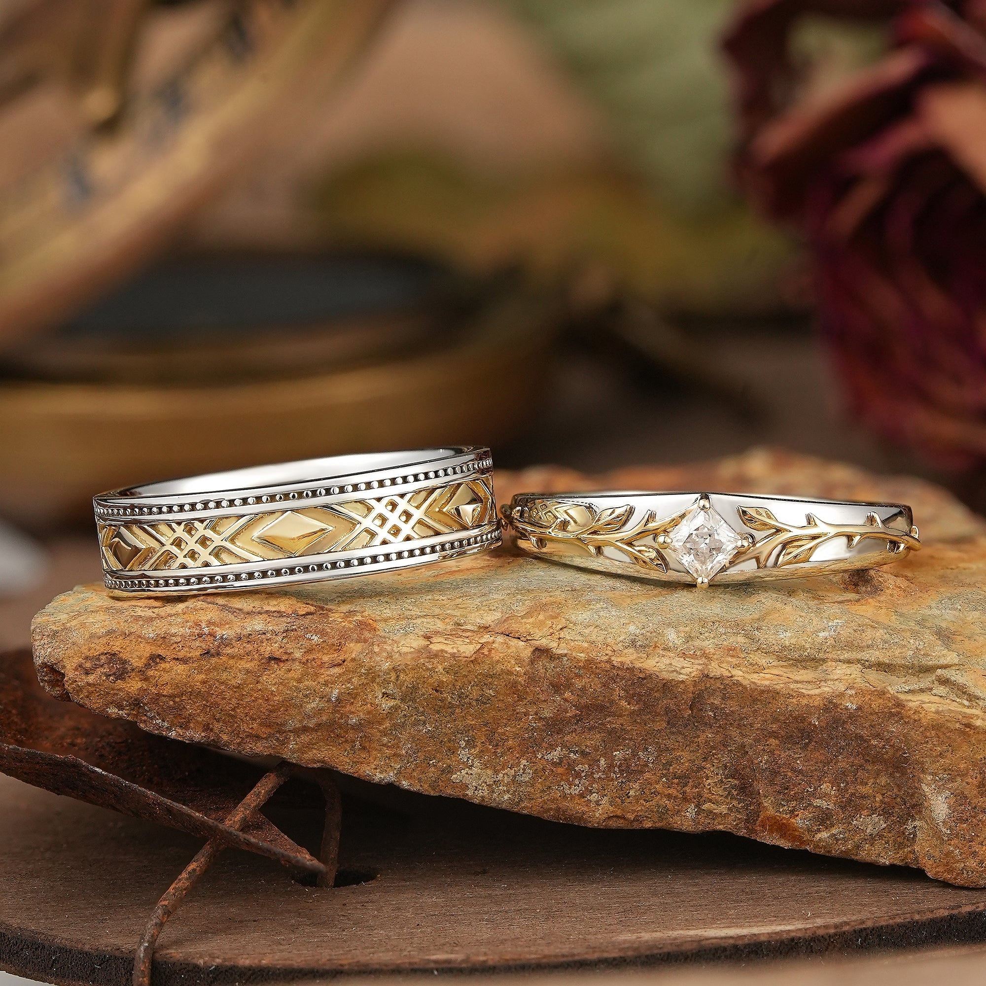 Mixed Metal Milgrain Nature Inspired Princess Cut Moissanite Couple Wedding Set - Victor & Benedict - GemsMagic