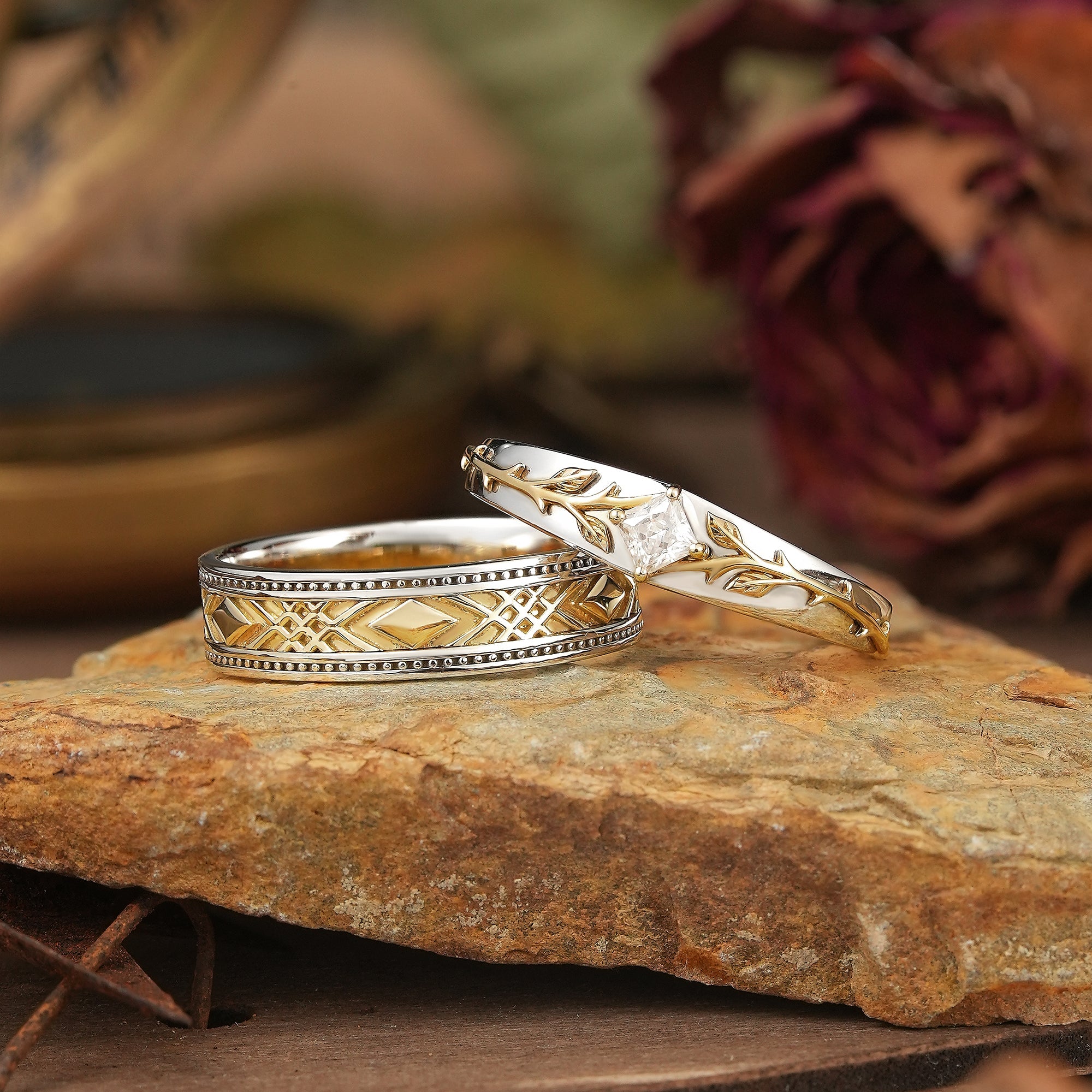 Mixed Metal Milgrain Nature Inspired Princess Cut Moissanite Couple Wedding Set - Victor & Benedict - GemsMagic