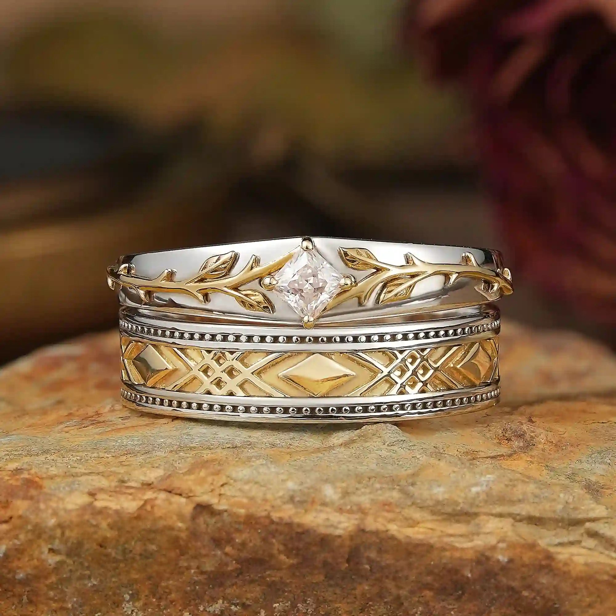 Mixed Metal Milgrain Nature Inspired Princess Cut Moissanite Couple Wedding Set - Victor & Benedict