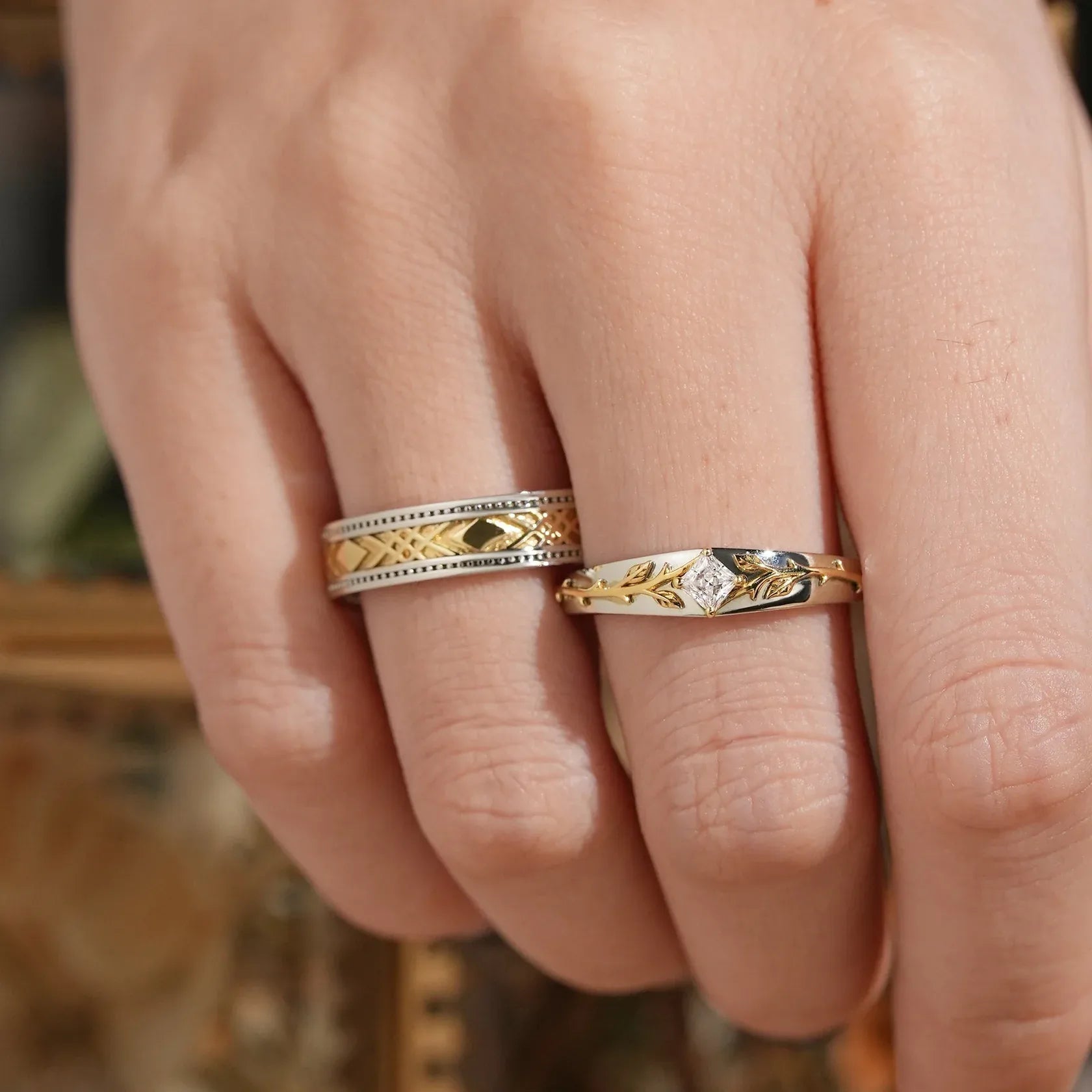 Mixed Metal Milgrain Nature Inspired Princess Cut Moissanite Couple Wedding Set - Victor & Benedict