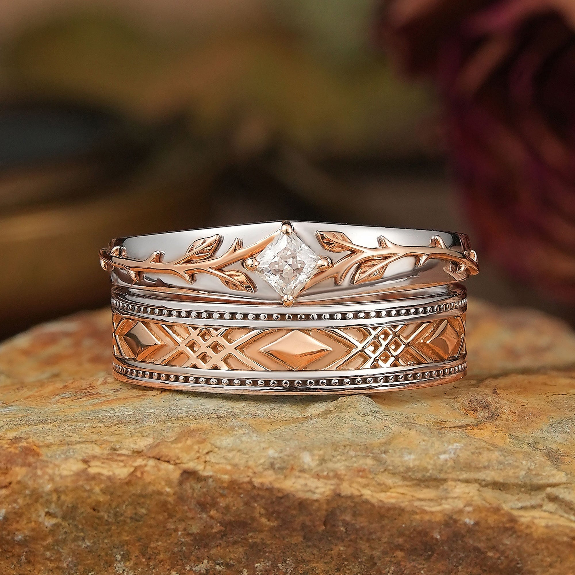 Mixed Metal Milgrain Nature Inspired Princess Cut Moissanite Couple Wedding Set - Victor & Benedict - GemsMagic