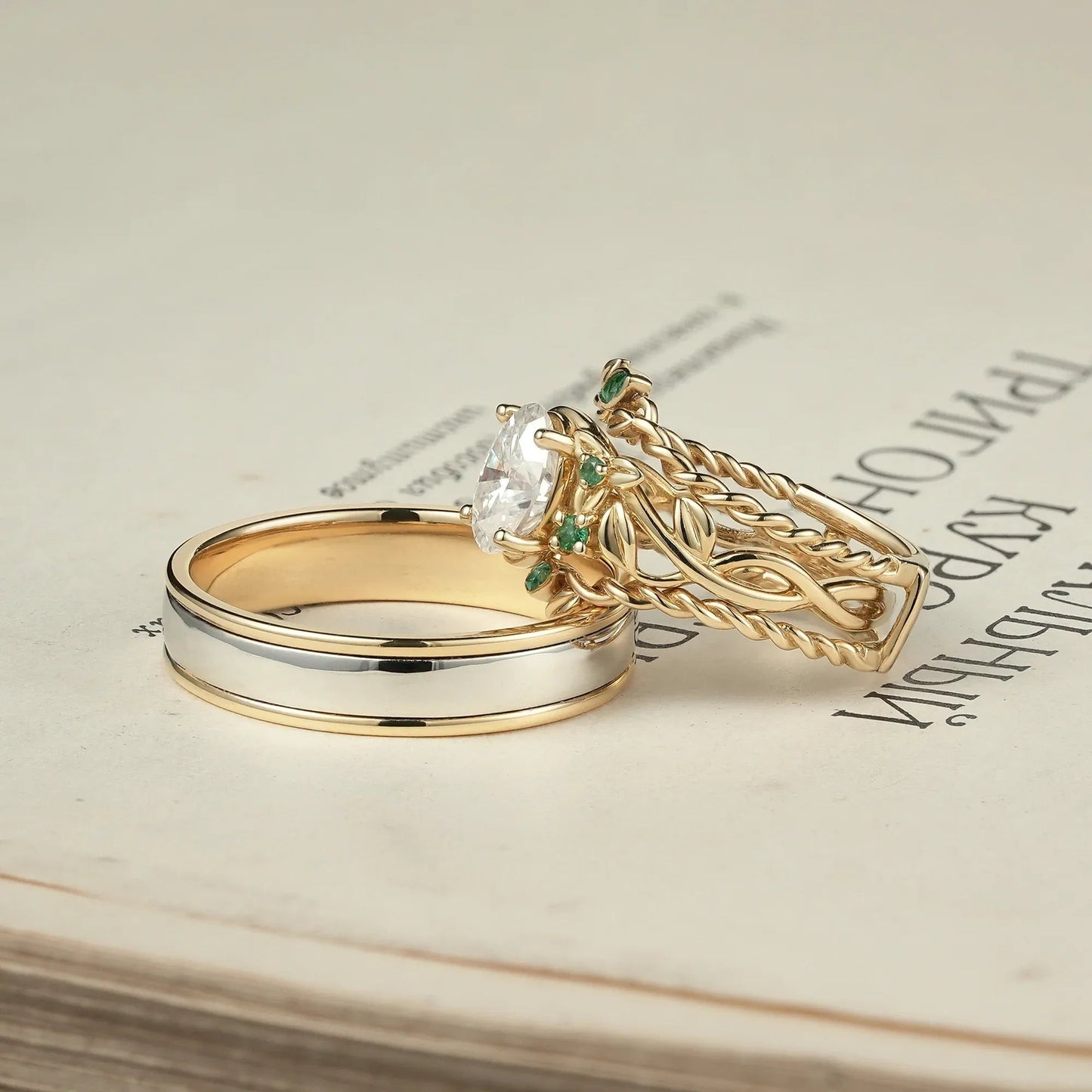 Moissanite and Emerald Couple’s Wedding Ring Set - Evergreen Promise - GemsMagic