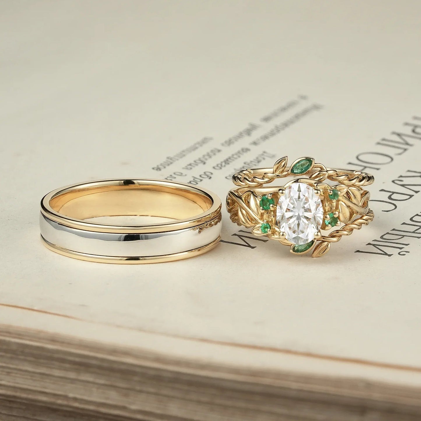 Moissanite and Emerald Couple’s Wedding Ring Set - Evergreen Promise - GemsMagic
