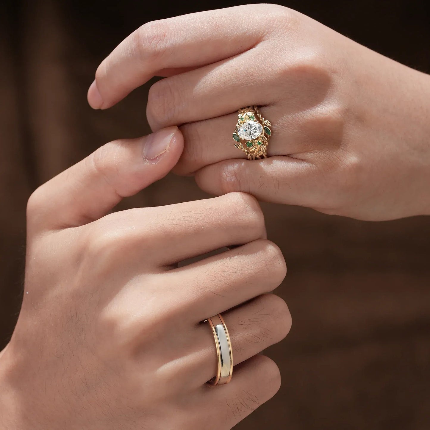 Moissanite and Emerald Couple’s Wedding Ring Set - Evergreen Promise - GemsMagic