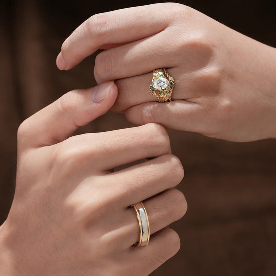 Moissanite and Emerald Couple’s Wedding Ring Set - Evergreen Promise - GemsMagic