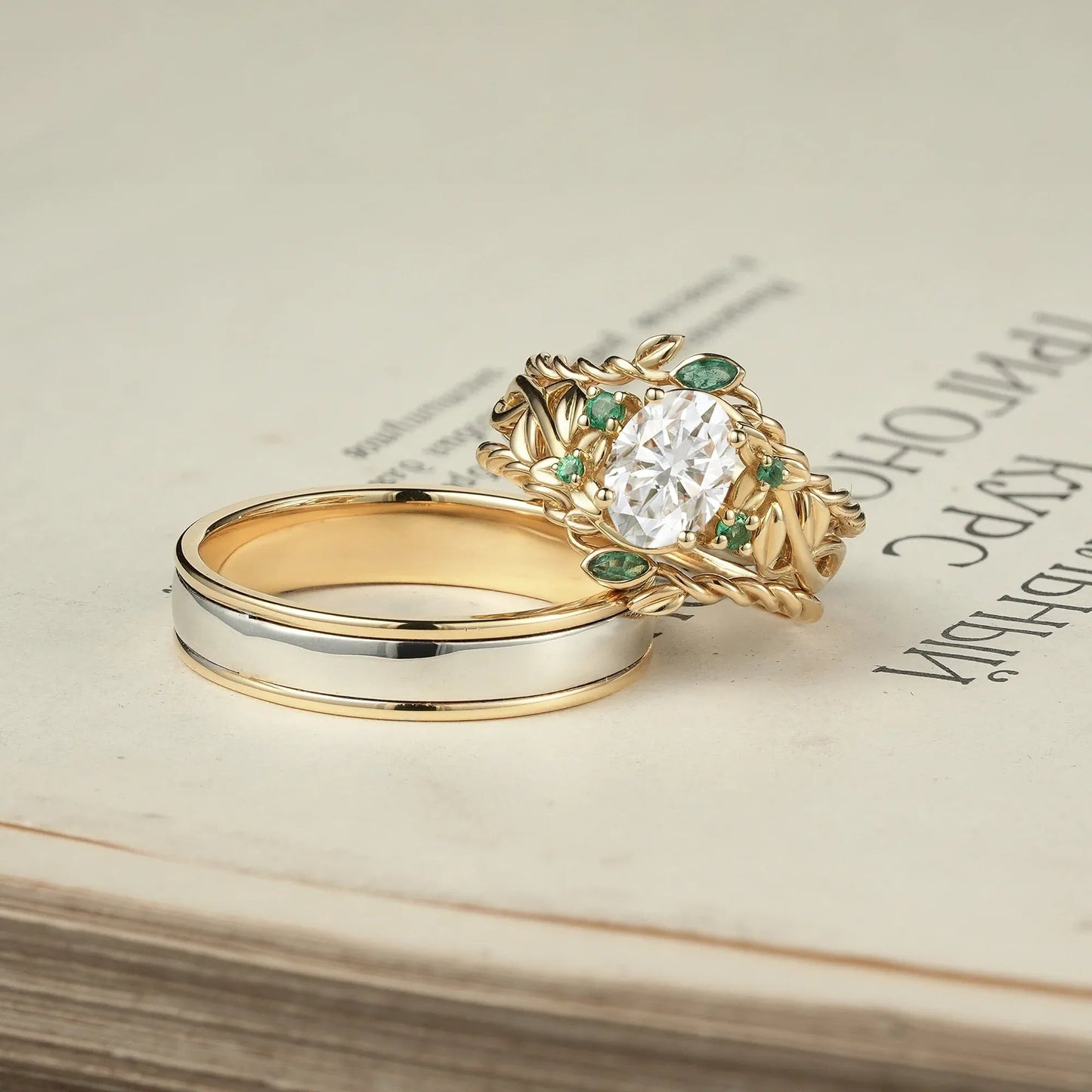 Moissanite and Emerald Couple’s Wedding Ring Set - Evergreen Promise - GemsMagic