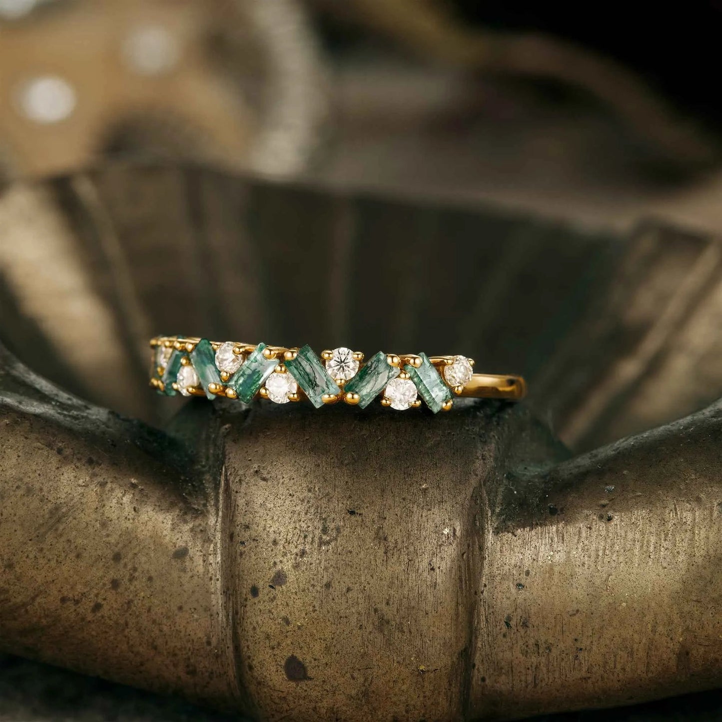 Moissanite and Moss Agate Alternating Wedding Band - GemsMagic - GemsMagic