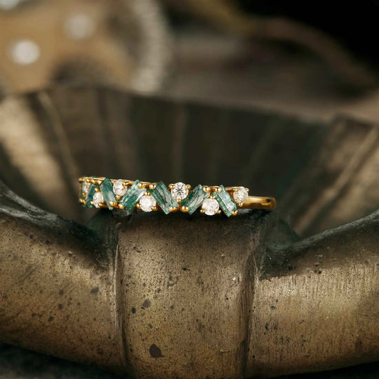 Moissanite and Moss Agate Alternating Wedding Band - GemsMagic - GemsMagic