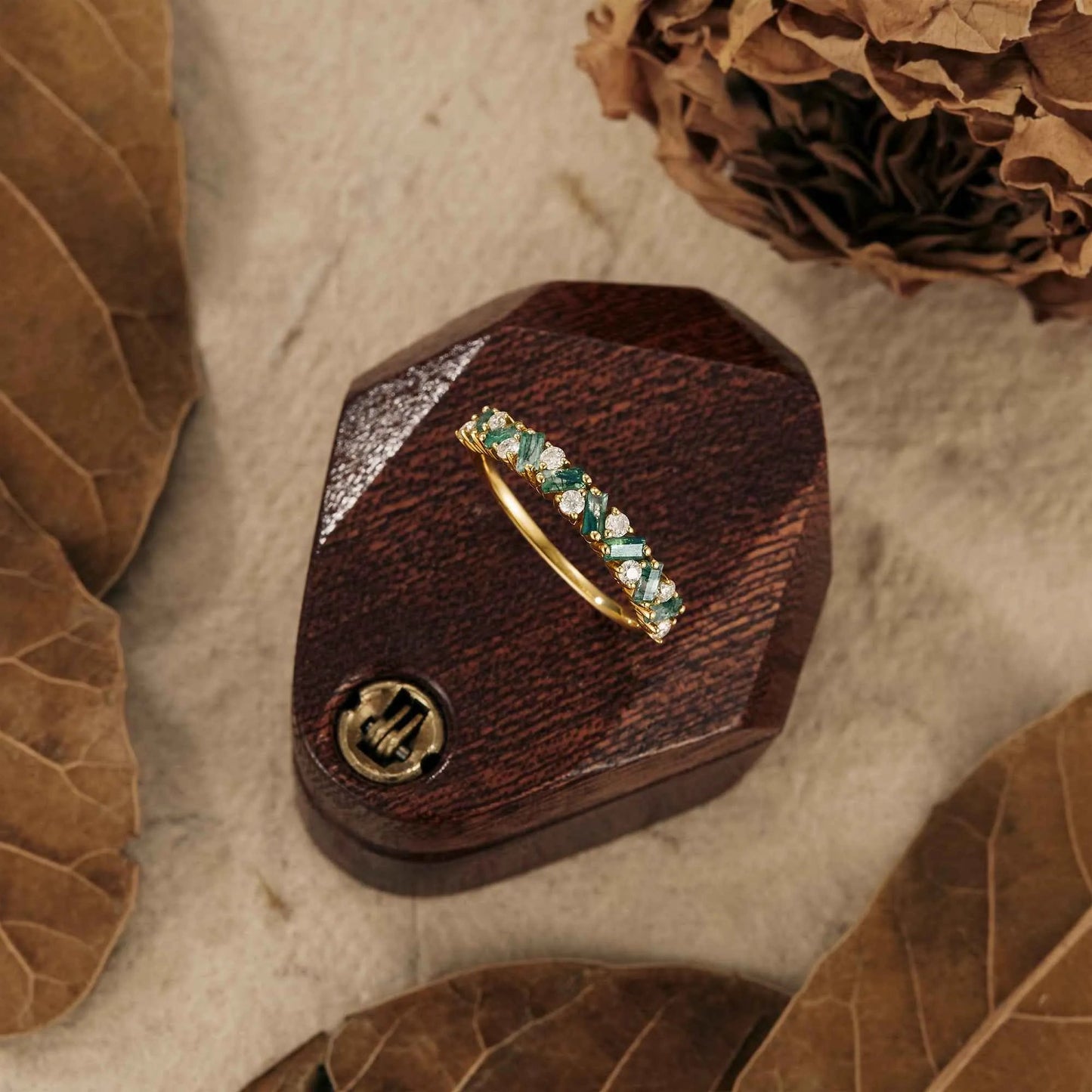 Moissanite and Moss Agate Alternating Wedding Band - GemsMagic - GemsMagic