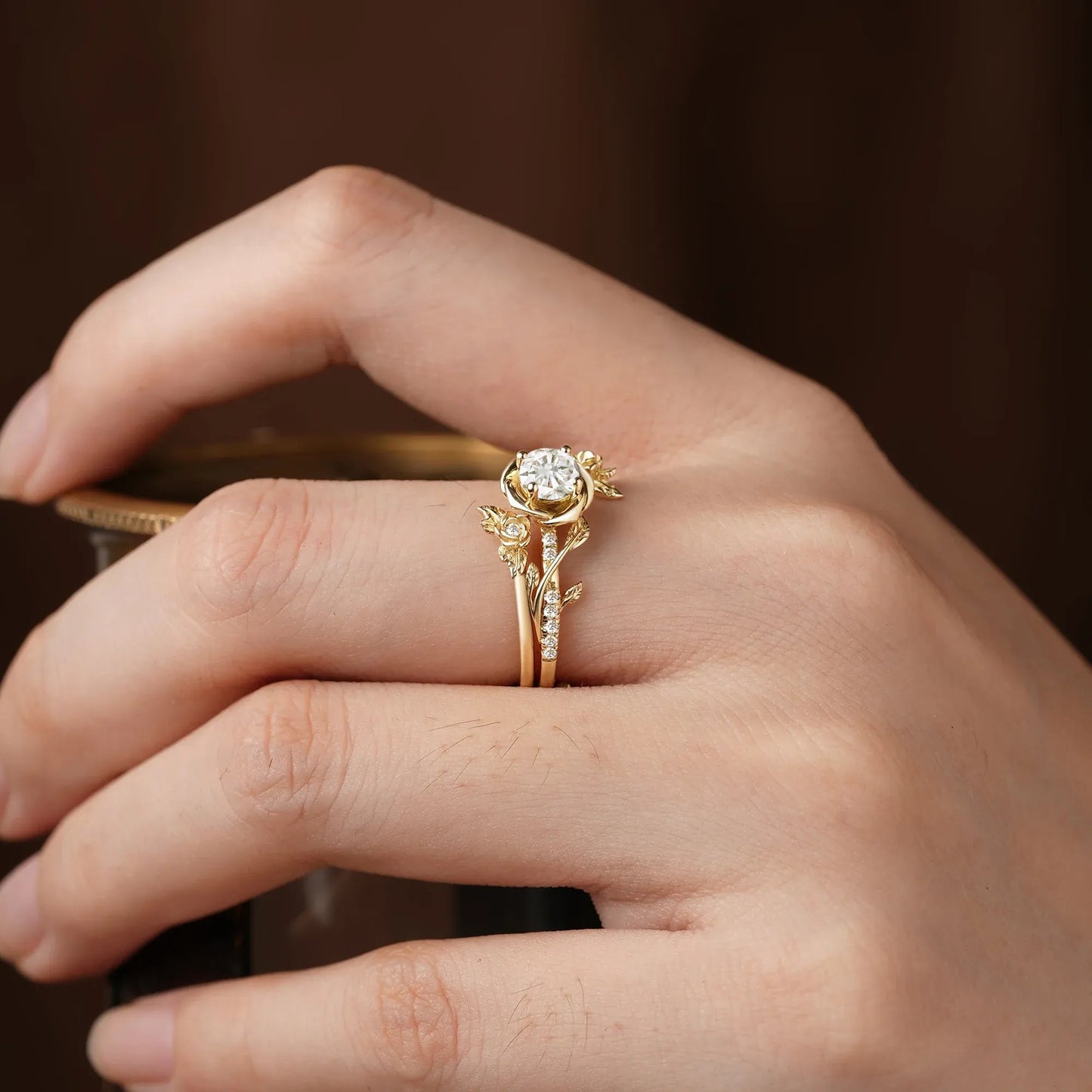 Moissanite Bridal Ring Set | Rose Blossom Three Roses Design - GemsMagic