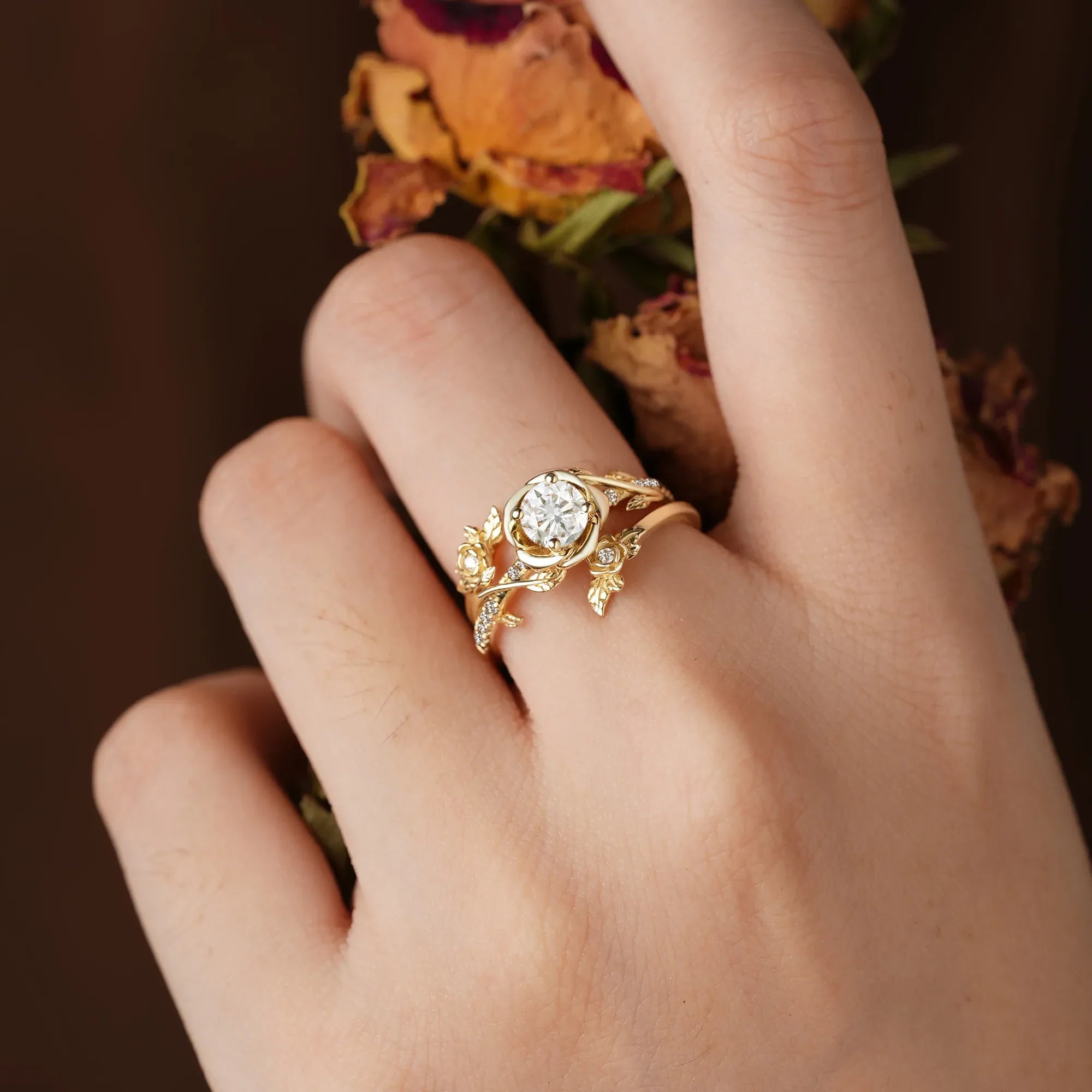 Moissanite Bridal Ring Set | Rose Blossom Three Roses Design - GemsMagic