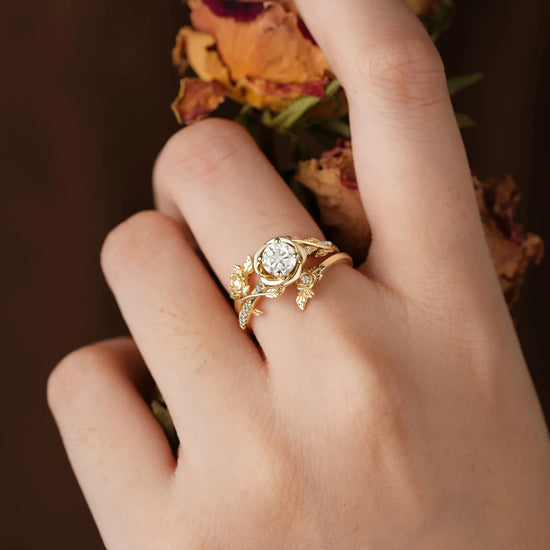 Moissanite Bridal Ring Set | Rose Blossom Three Roses Design - GemsMagic