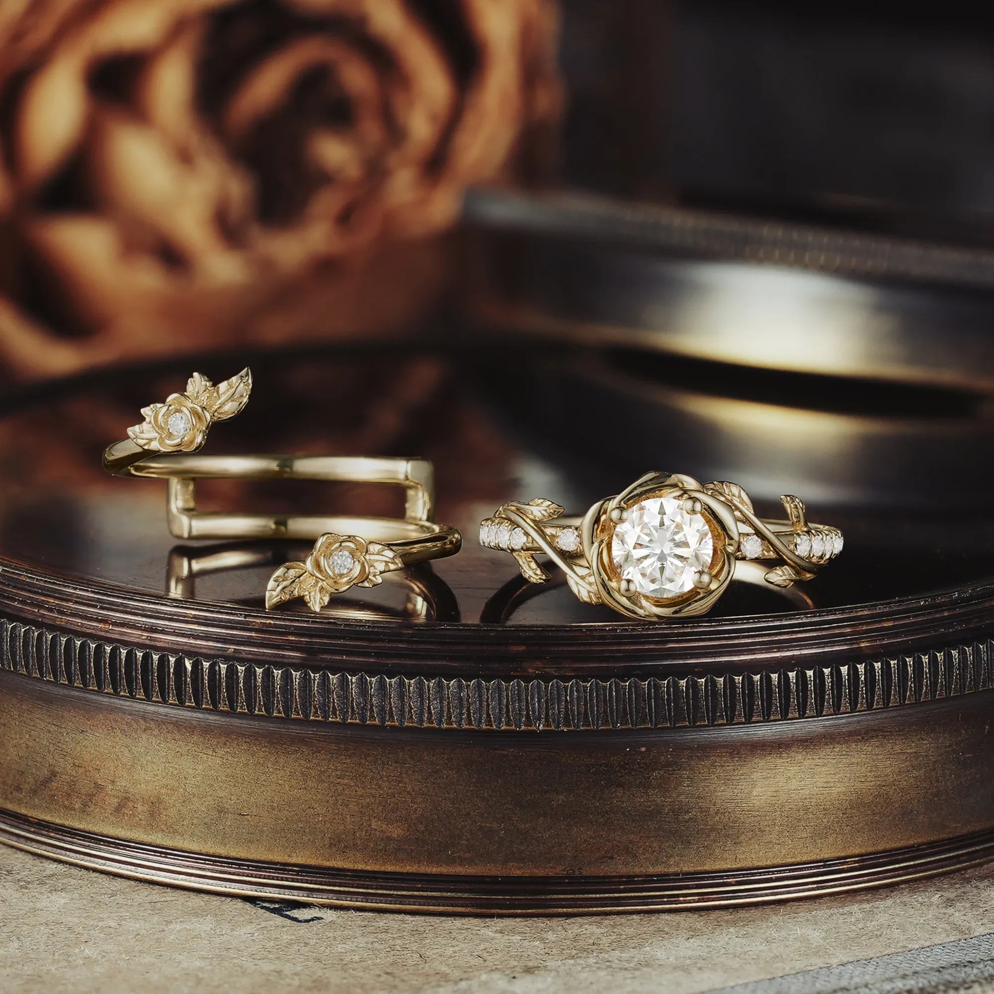 Moissanite Bridal Ring Set | Rose Blossom Three Roses Design - GemsMagic