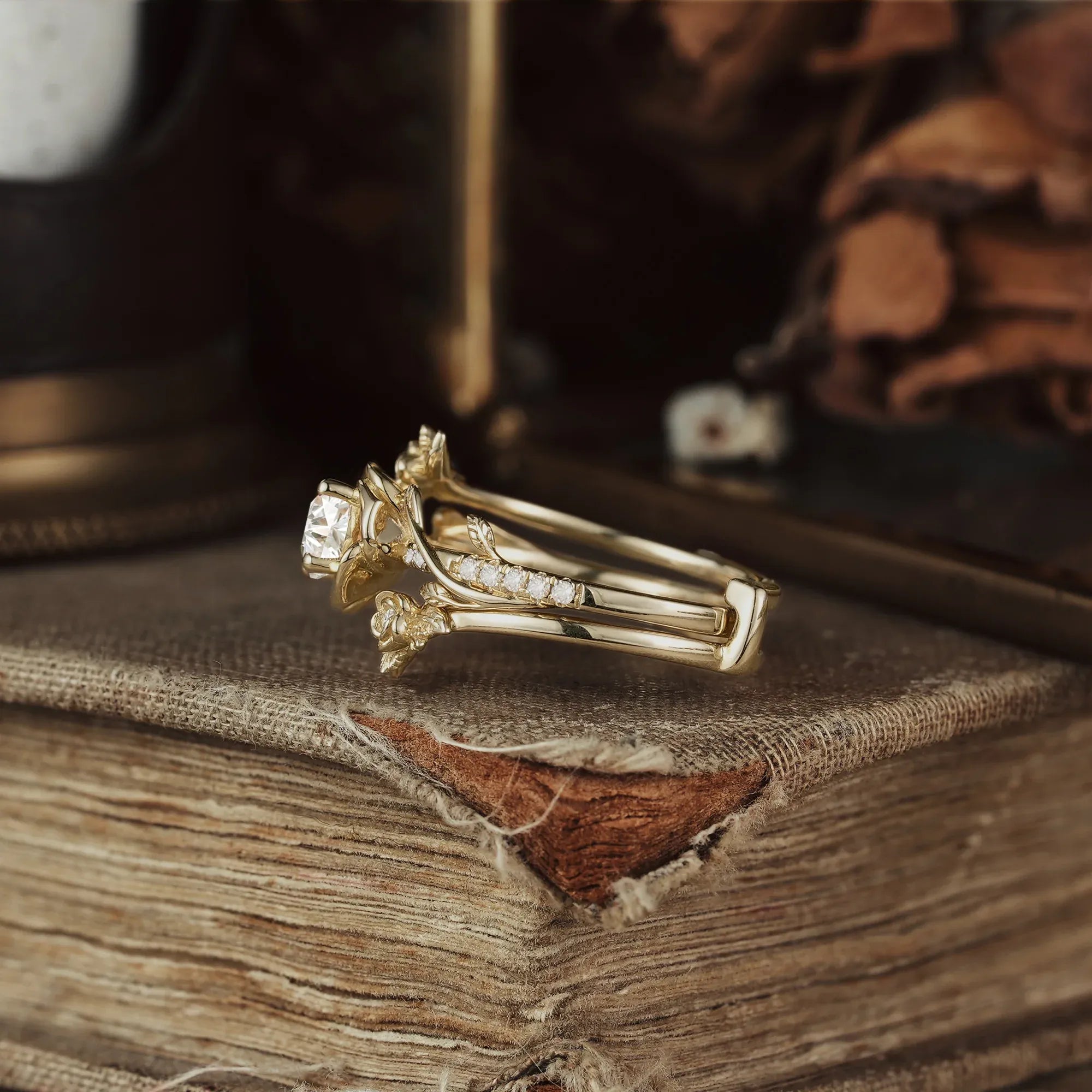 Moissanite Bridal Ring Set | Rose Blossom Three Roses Design - GemsMagic