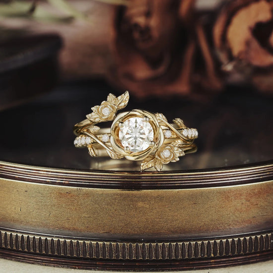 Moissanite Bridal Ring Set | Rose Blossom Three Roses Design - GemsMagic