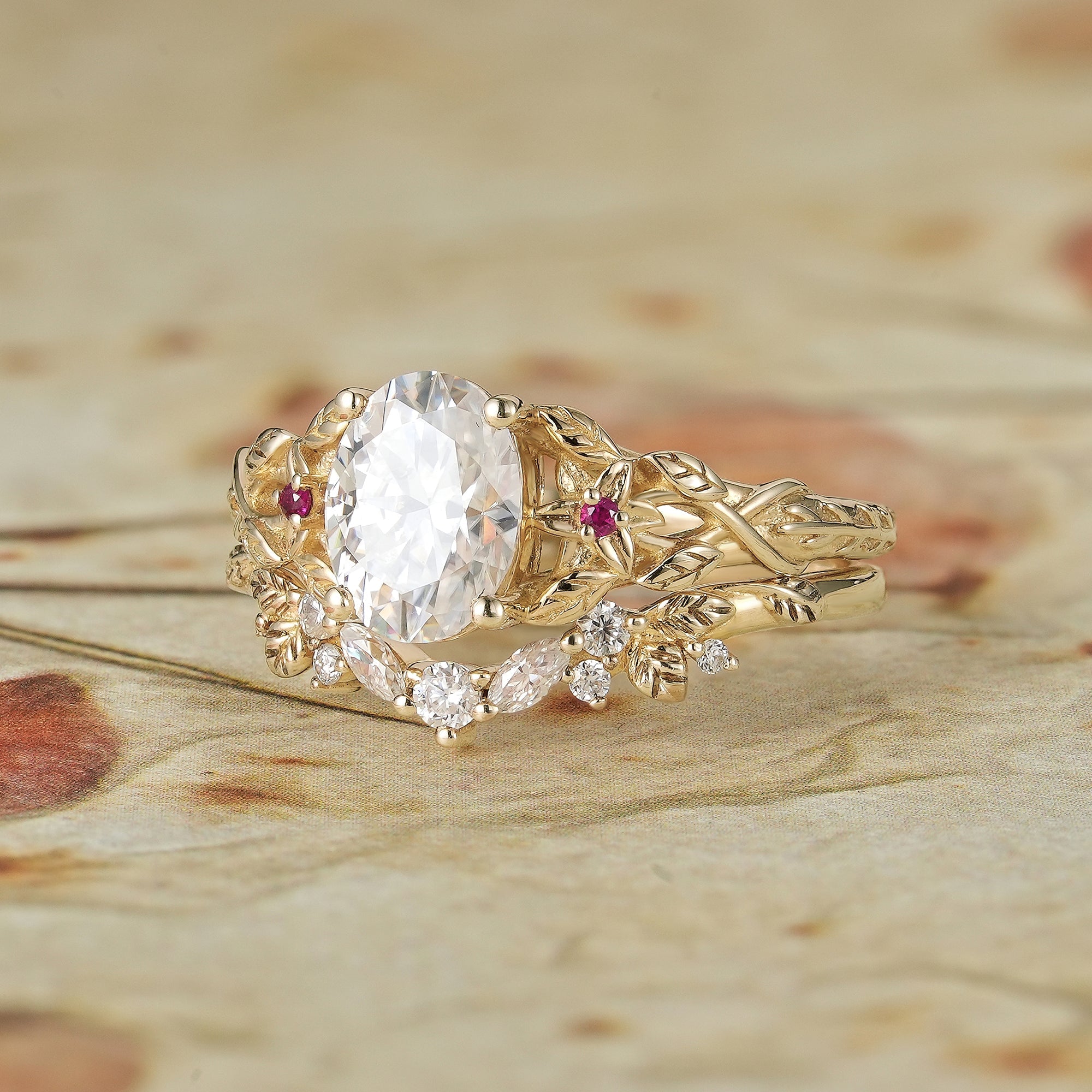 Moissanite Engagement Ring Set with Floral Ruby - Persephone - GemsMagic