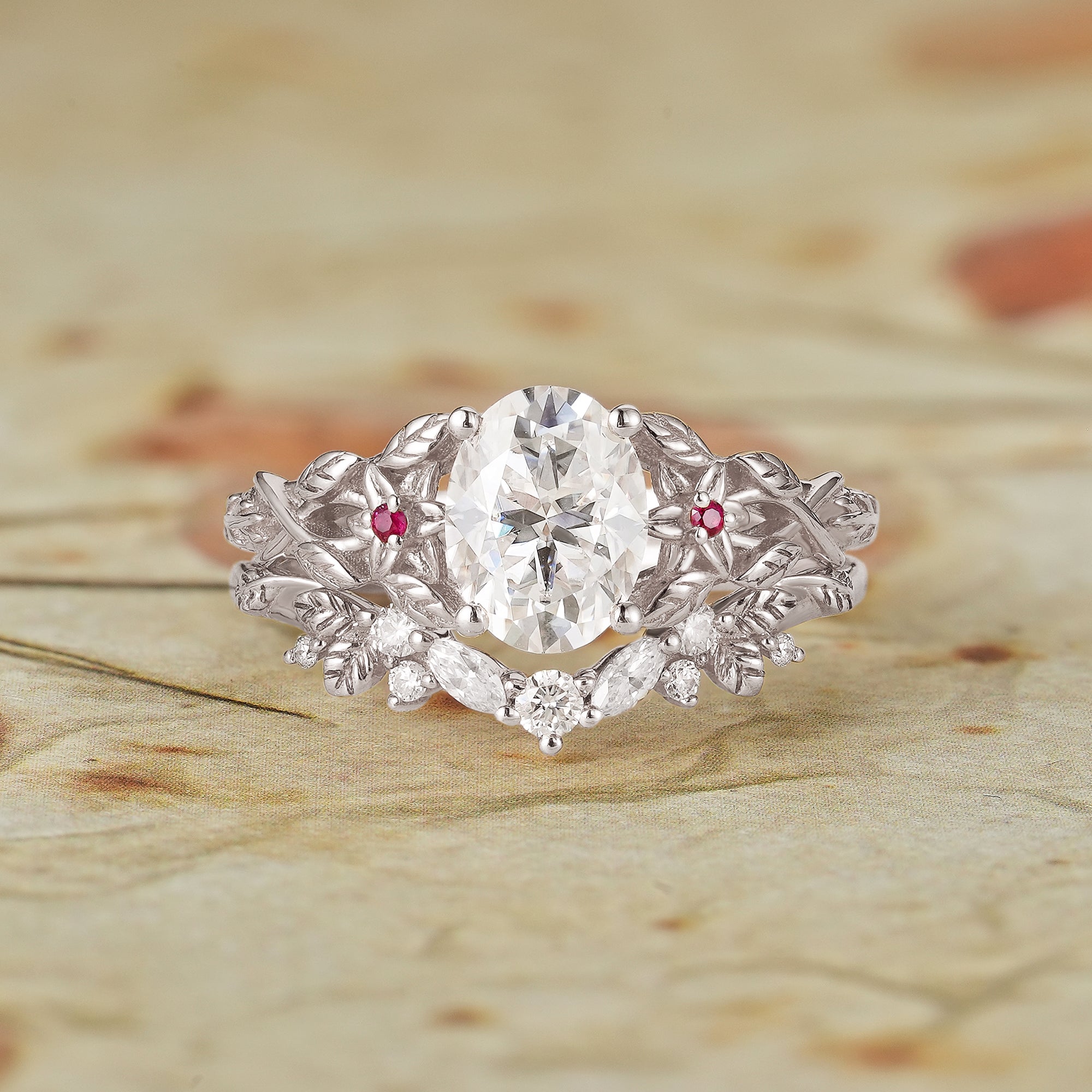 Moissanite Engagement Ring Set with Floral Ruby - Persephone - GemsMagic