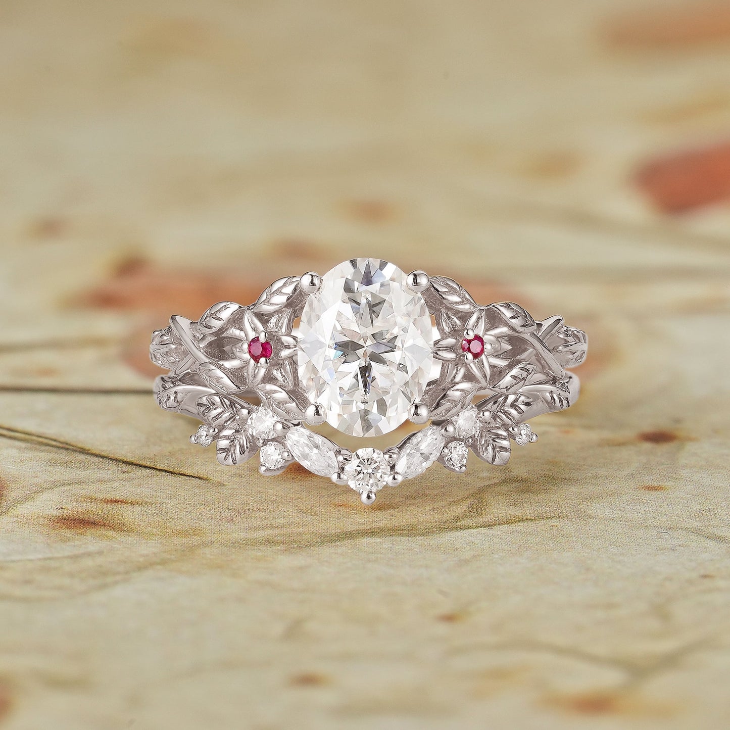 Moissanite Engagement Ring Set with Floral Ruby - Persephone - GemsMagic