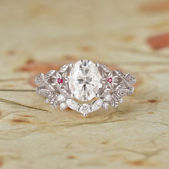 Moissanite Engagement Ring Set with Floral Ruby - Persephone - GemsMagic