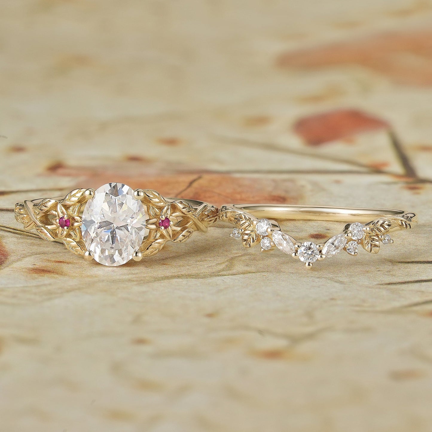 Moissanite Engagement Ring Set with Floral Ruby - Persephone - GemsMagic