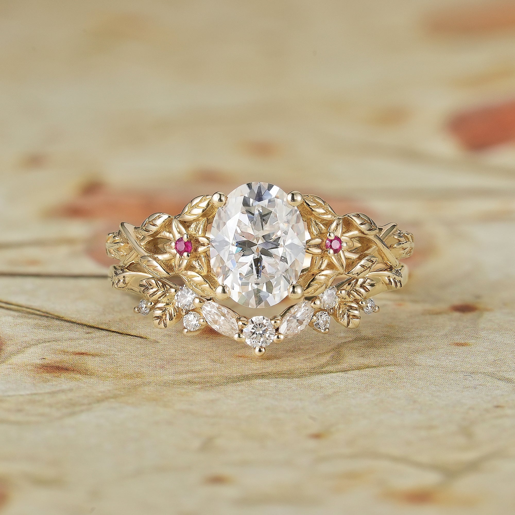 Moissanite Engagement Ring Set with Floral Ruby - Persephone - GemsMagic