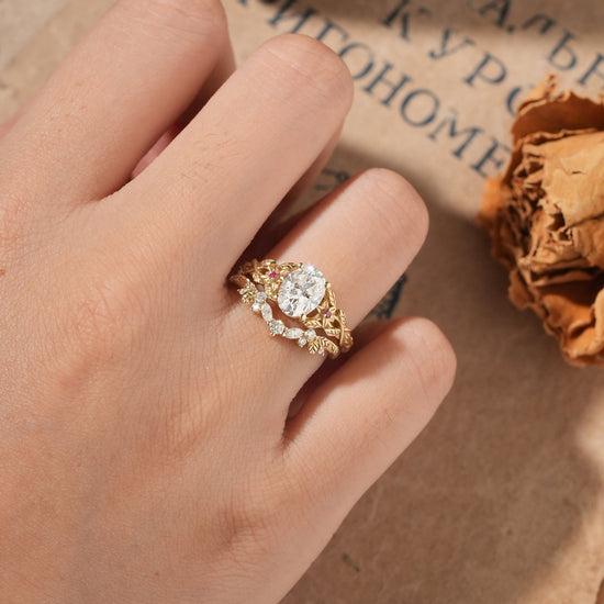 Moissanite Engagement Ring Set with Floral Ruby - Persephone - GemsMagic