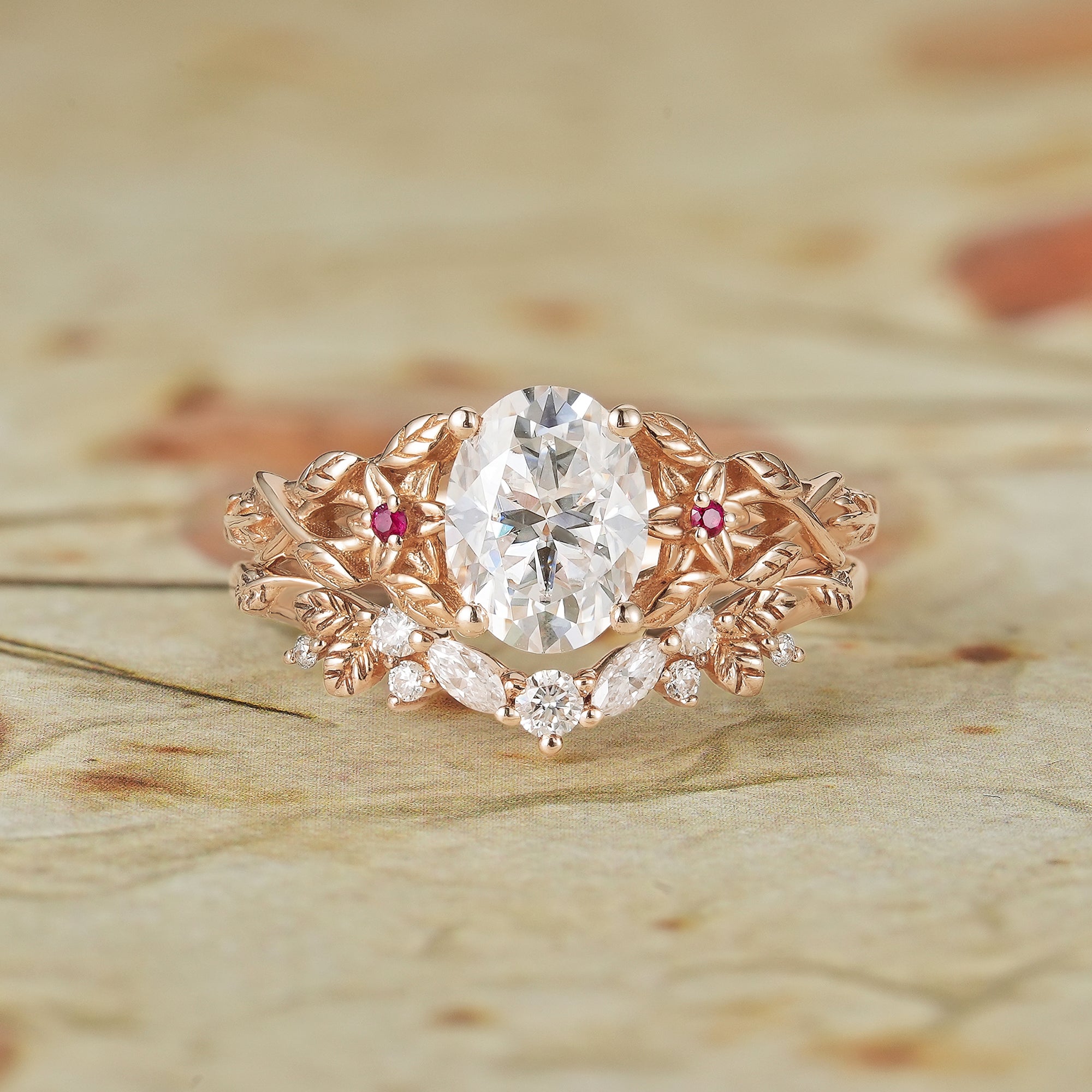Moissanite Engagement Ring Set with Floral Ruby - Persephone - GemsMagic